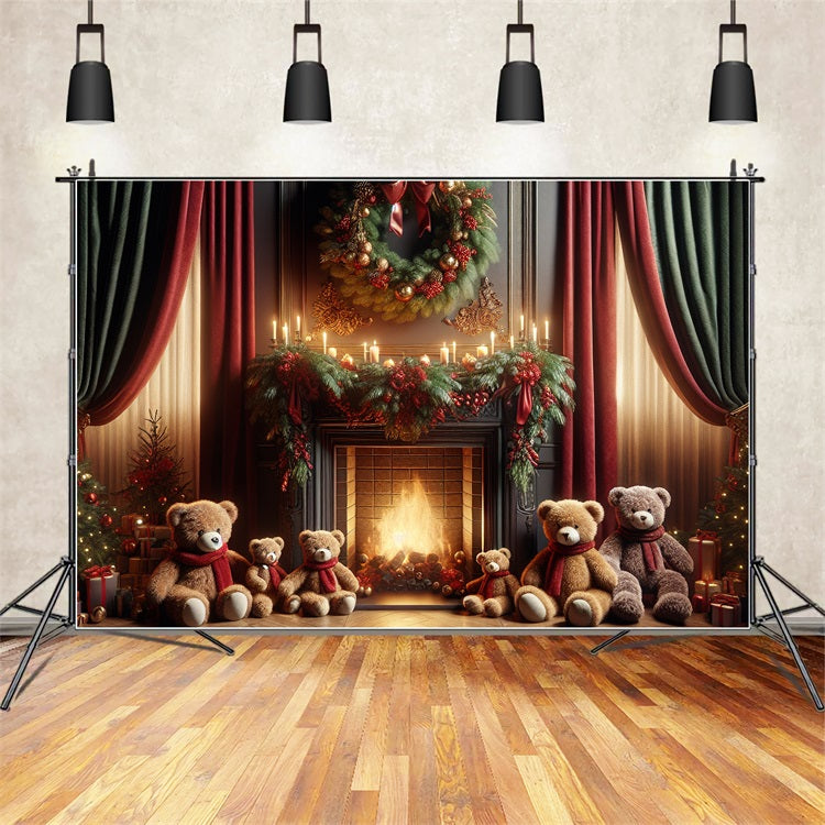 Christmas Wreath Backdrop Bear Family Gathering Fireplace Backdrop BRP10-162