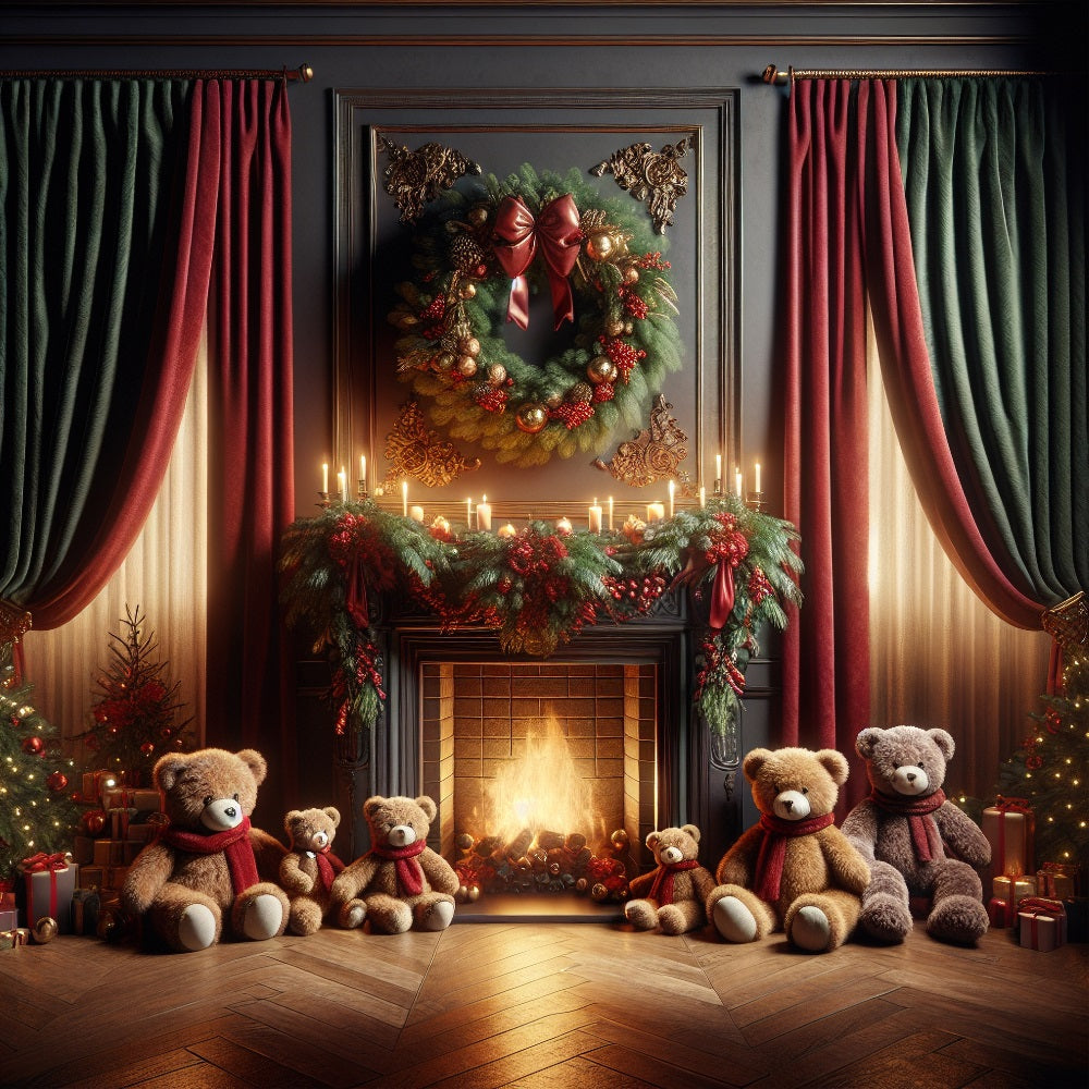 Christmas Wreath Backdrop Bear Family Gathering Fireplace Backdrop BRP10-162