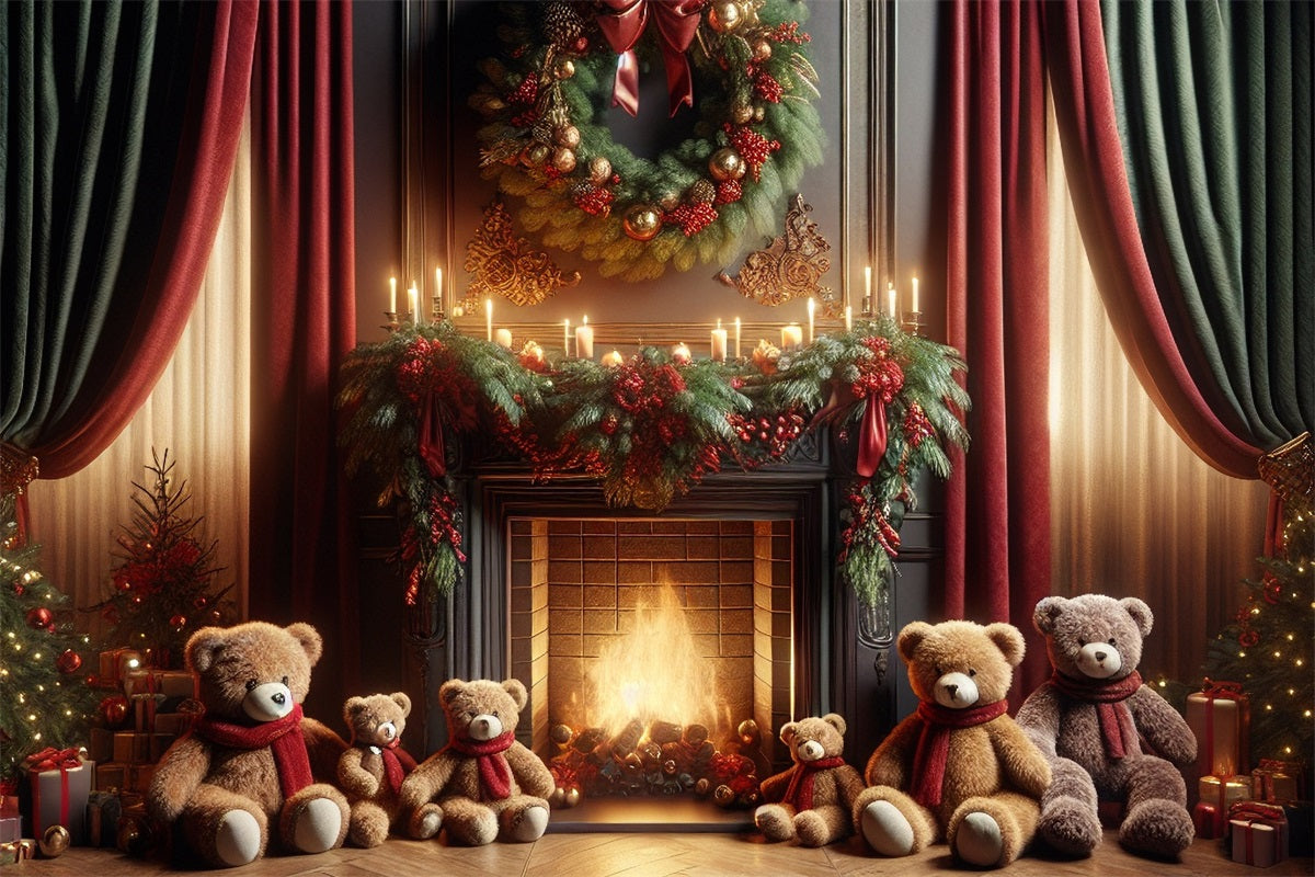 Christmas Wreath Backdrop Bear Family Gathering Fireplace Backdrop BRP10-162