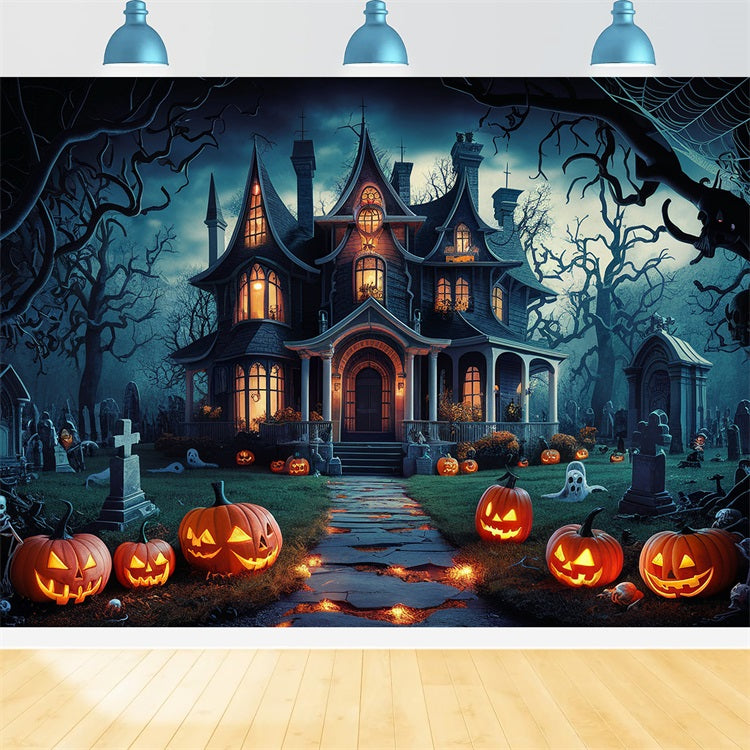 Halloween Photo Backdrop Eerie Haunted House Pumpkins Backdrop BRP10-163