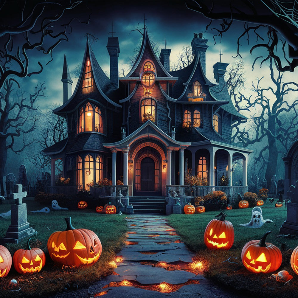 Halloween Photo Backdrop Eerie Haunted House Pumpkins Backdrop BRP10-163