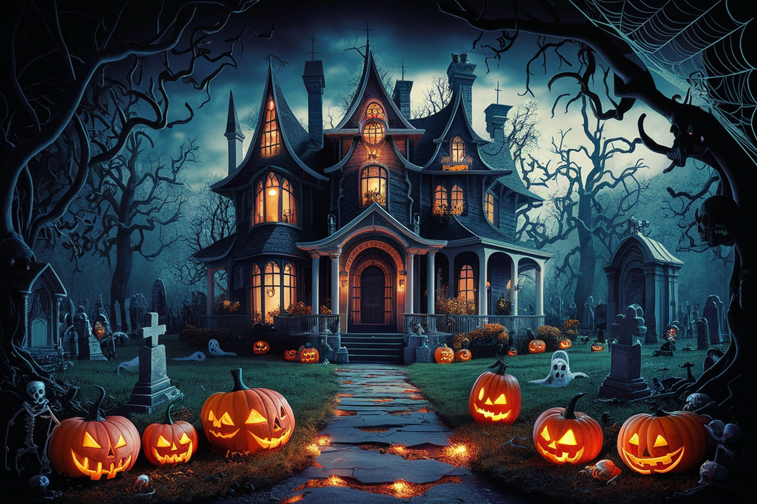 Halloween Photo Backdrop Eerie Haunted House Pumpkins Backdrop BRP10-163