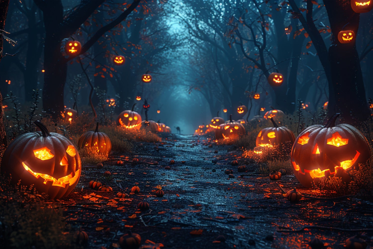 Halloween Backdrops Photography Ghostly Forest Trail Pumpkins Backdrop BRP10-165