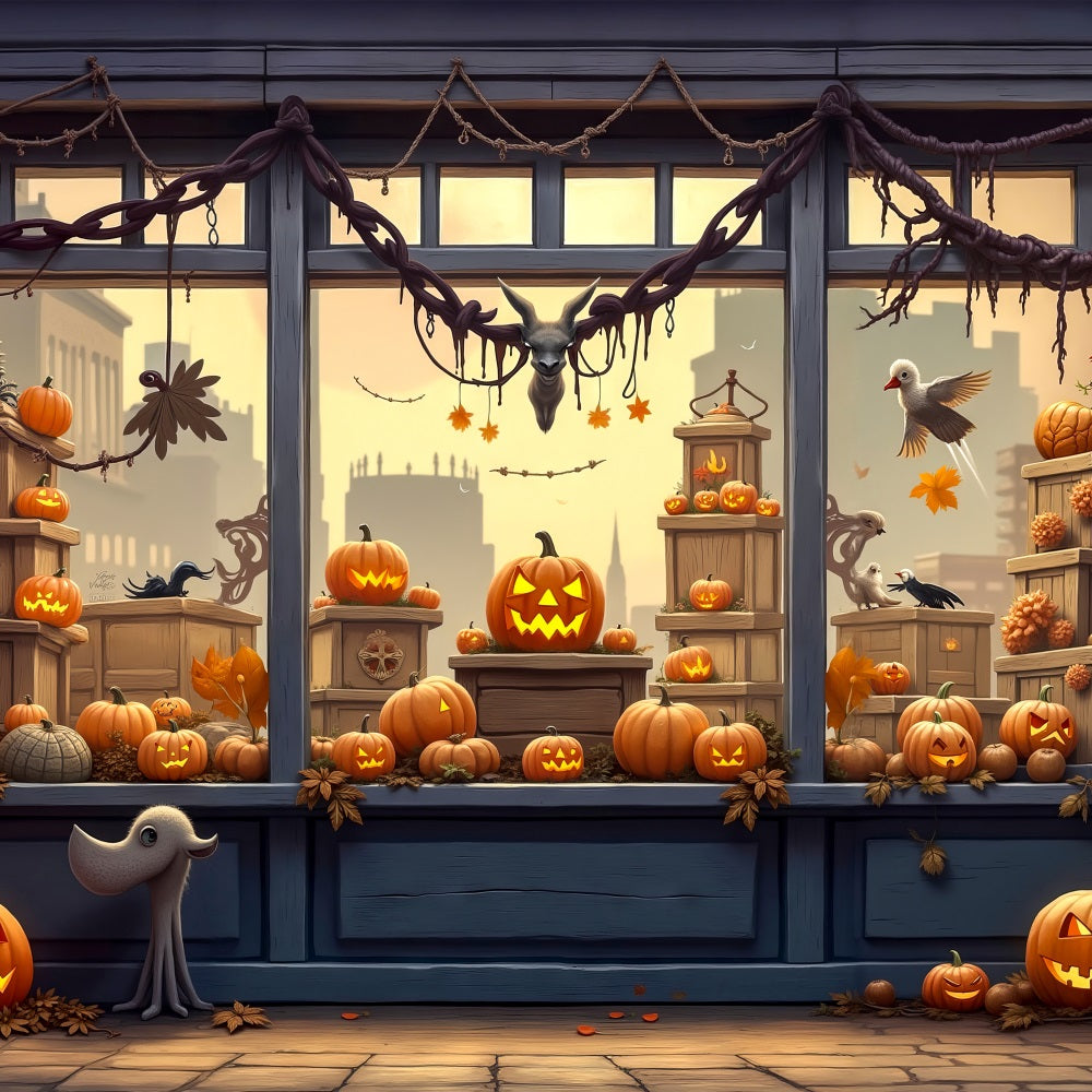 Halloween Photo Booth Backdrop Spooky Shop Window Pumpkins Backdrop BRP10-170