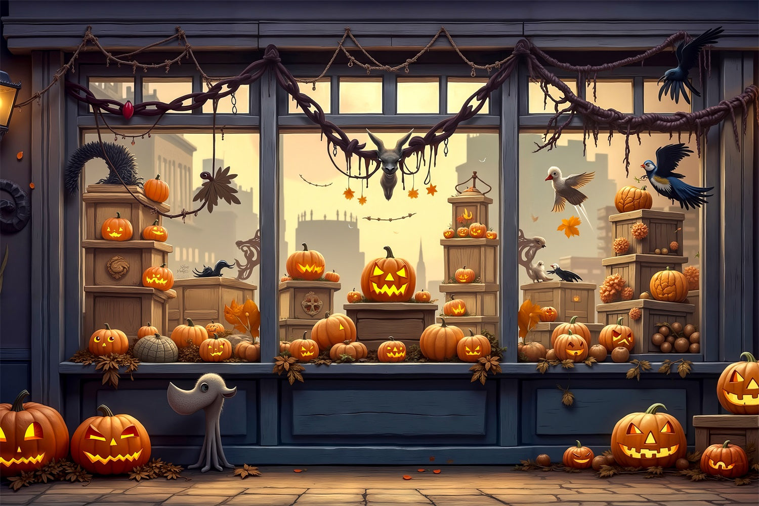 Halloween Photo Booth Backdrop Spooky Shop Window Pumpkins Backdrop BRP10-170