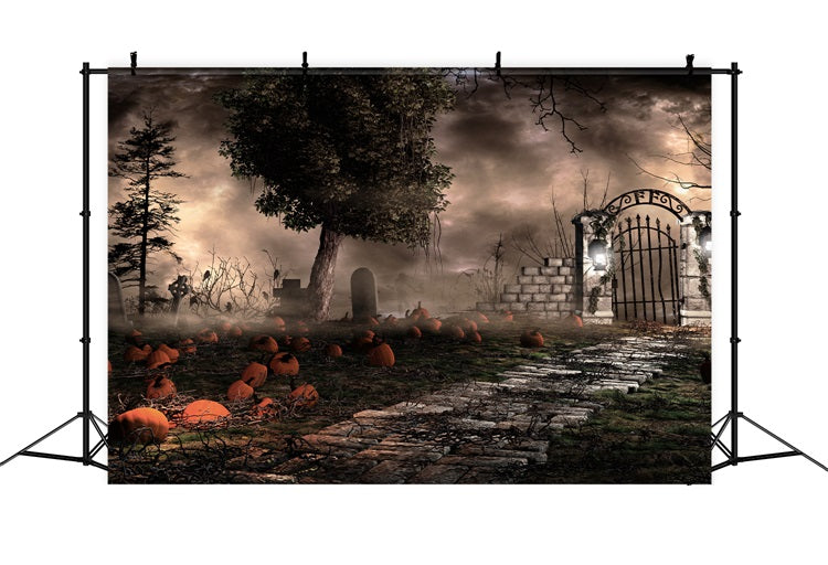 Halloween Backdrop Photography Spooky Graveyard Pumpkins Fog Backdrop BRP10-174