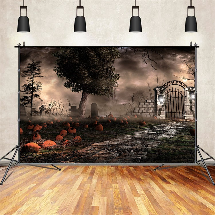 Halloween Backdrop Photography Spooky Graveyard Pumpkins Fog Backdrop BRP10-174