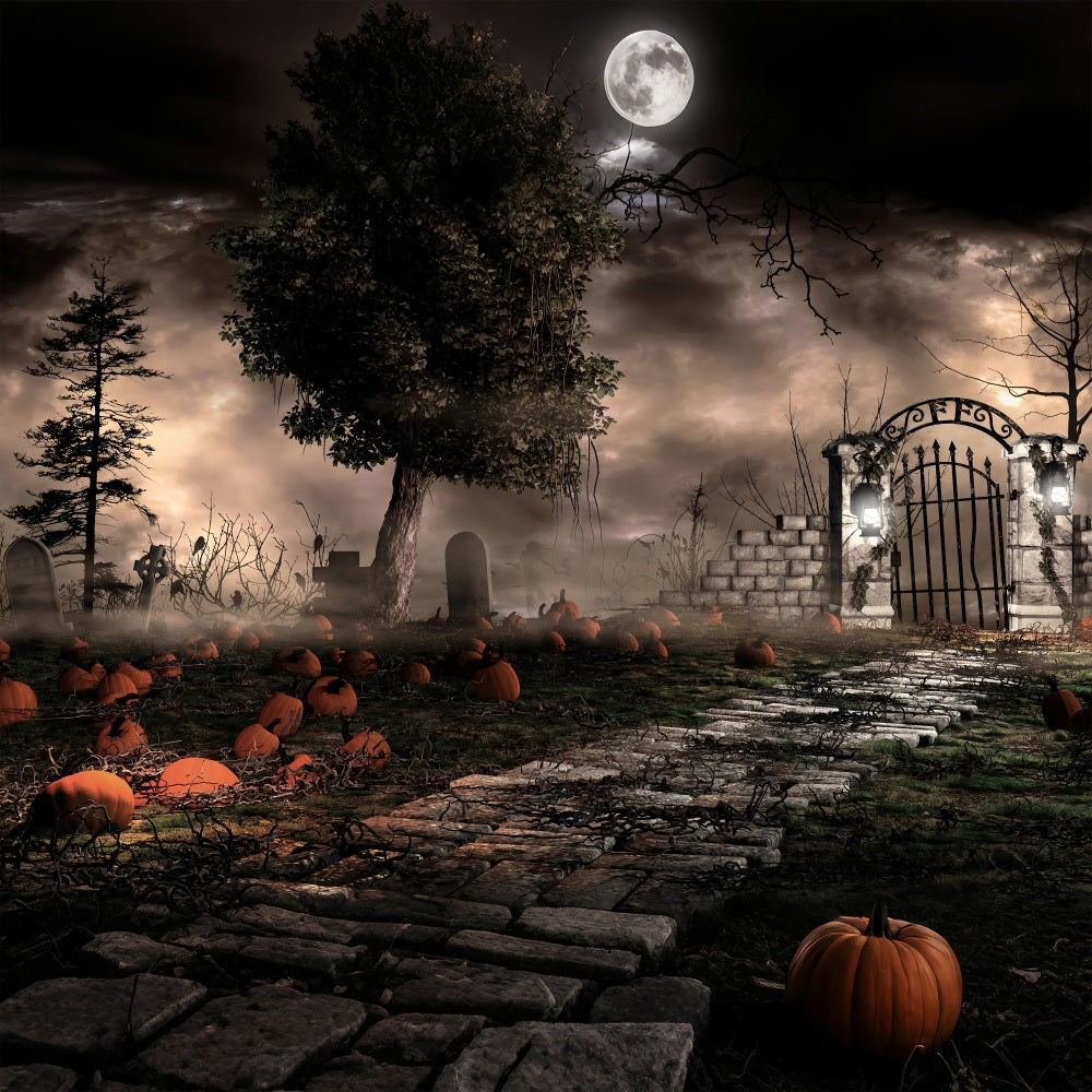 Halloween Backdrop Photography Spooky Graveyard Pumpkins Fog Backdrop BRP10-174