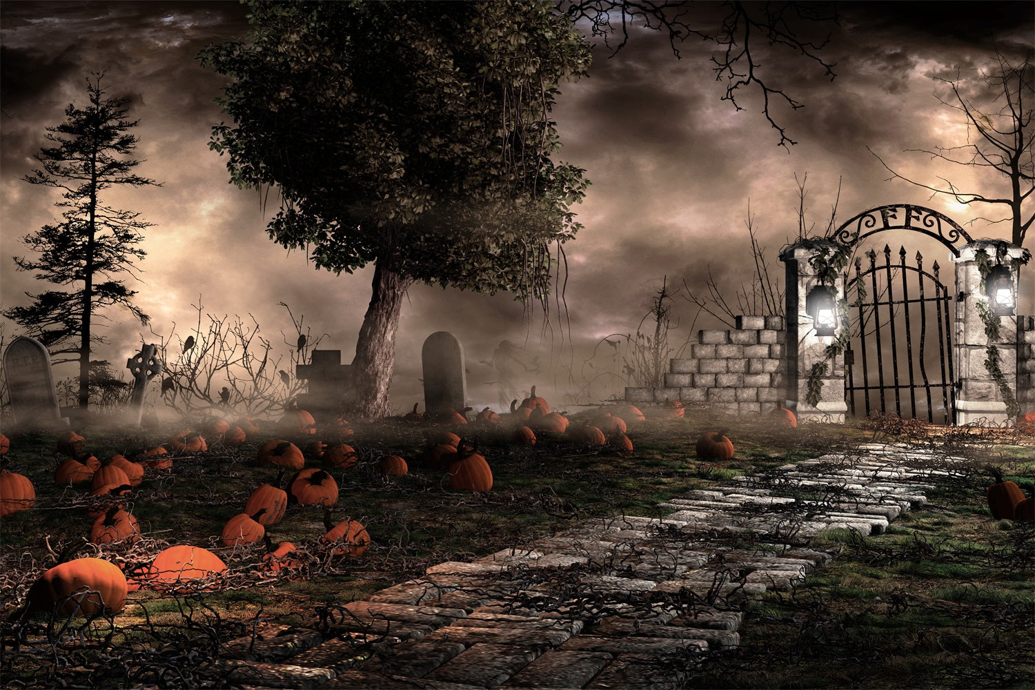 Halloween Backdrop Photography Spooky Graveyard Pumpkins Fog Backdrop BRP10-174