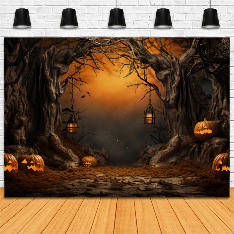 Halloween Photography Backdrops Spooky Pumpkin Lanterns Forest Backdrop BRP10-176