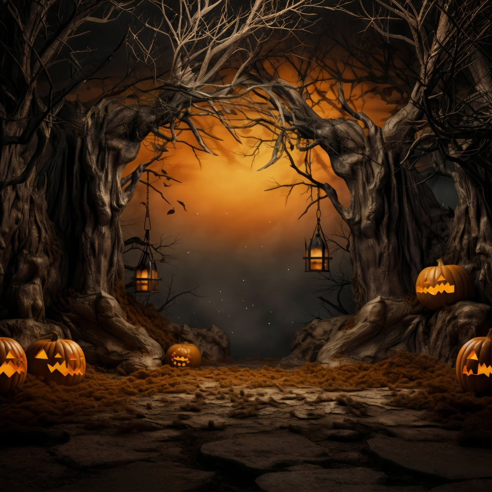 Halloween Photography Backdrops Spooky Pumpkin Lanterns Forest Backdrop BRP10-176