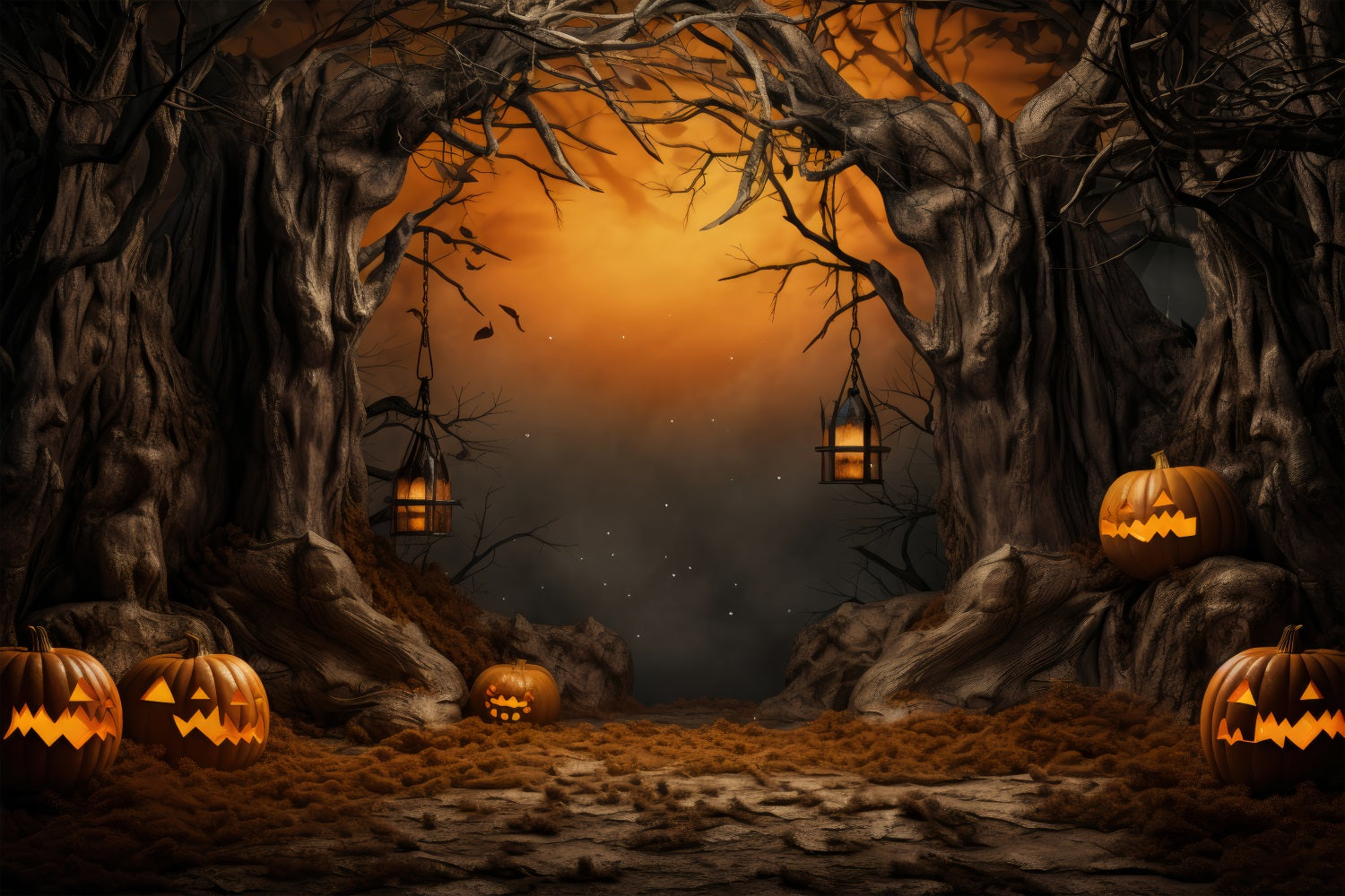 Halloween Photography Backdrops Spooky Pumpkin Lanterns Forest Backdrop BRP10-176