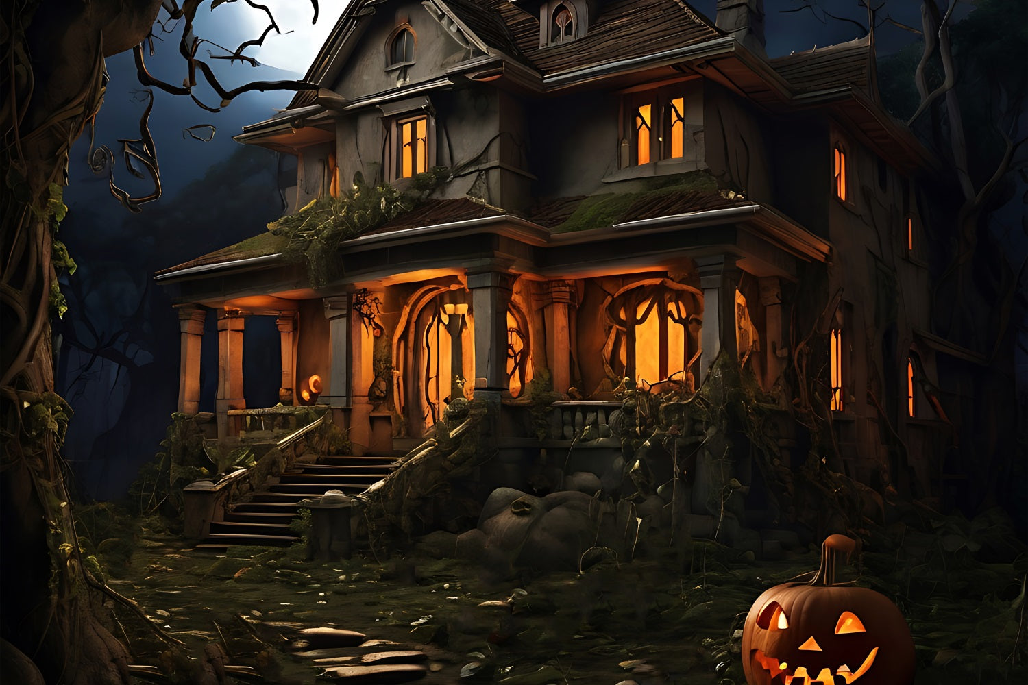 Halloween Backdrops Photography Spooky House Pumpkin Backdrop BRP10-182