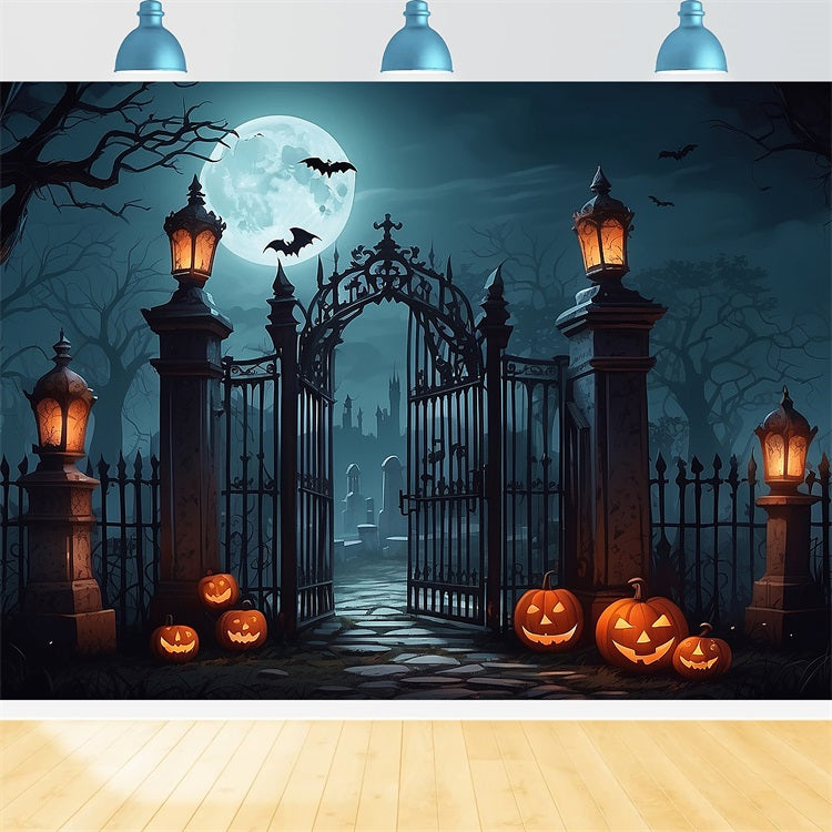 Halloween Backdrop Graveyard Entrance Bats Lanterns Backdrop BRP10-190