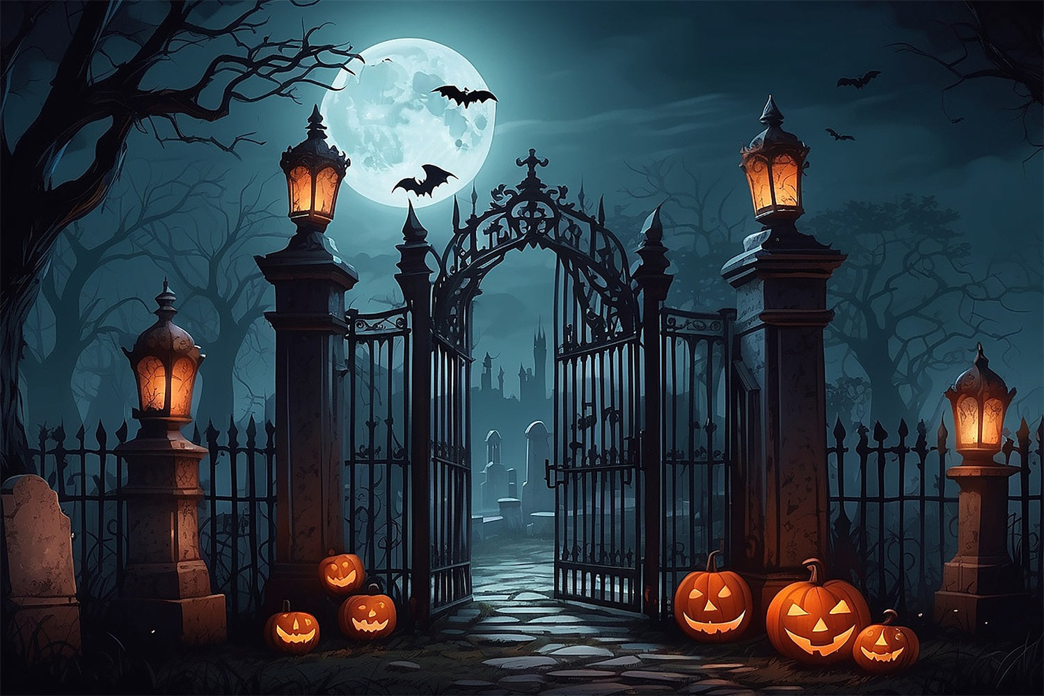 Halloween Backdrop Graveyard Entrance Bats Lanterns Backdrop BRP10-190