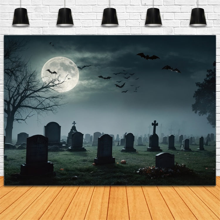 Halloween Backdrop Photography Full Moon Graveyard Bats Backdrop BRP10-191