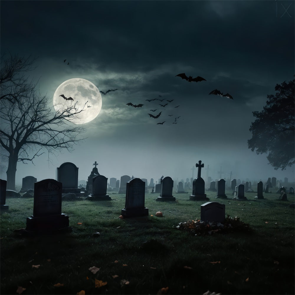 Halloween Backdrop Photography Full Moon Graveyard Bats Backdrop BRP10-191