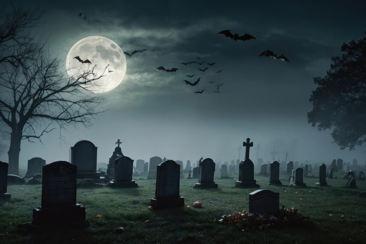 Halloween Backdrop Photography Full Moon Graveyard Bats Backdrop BRP10-191