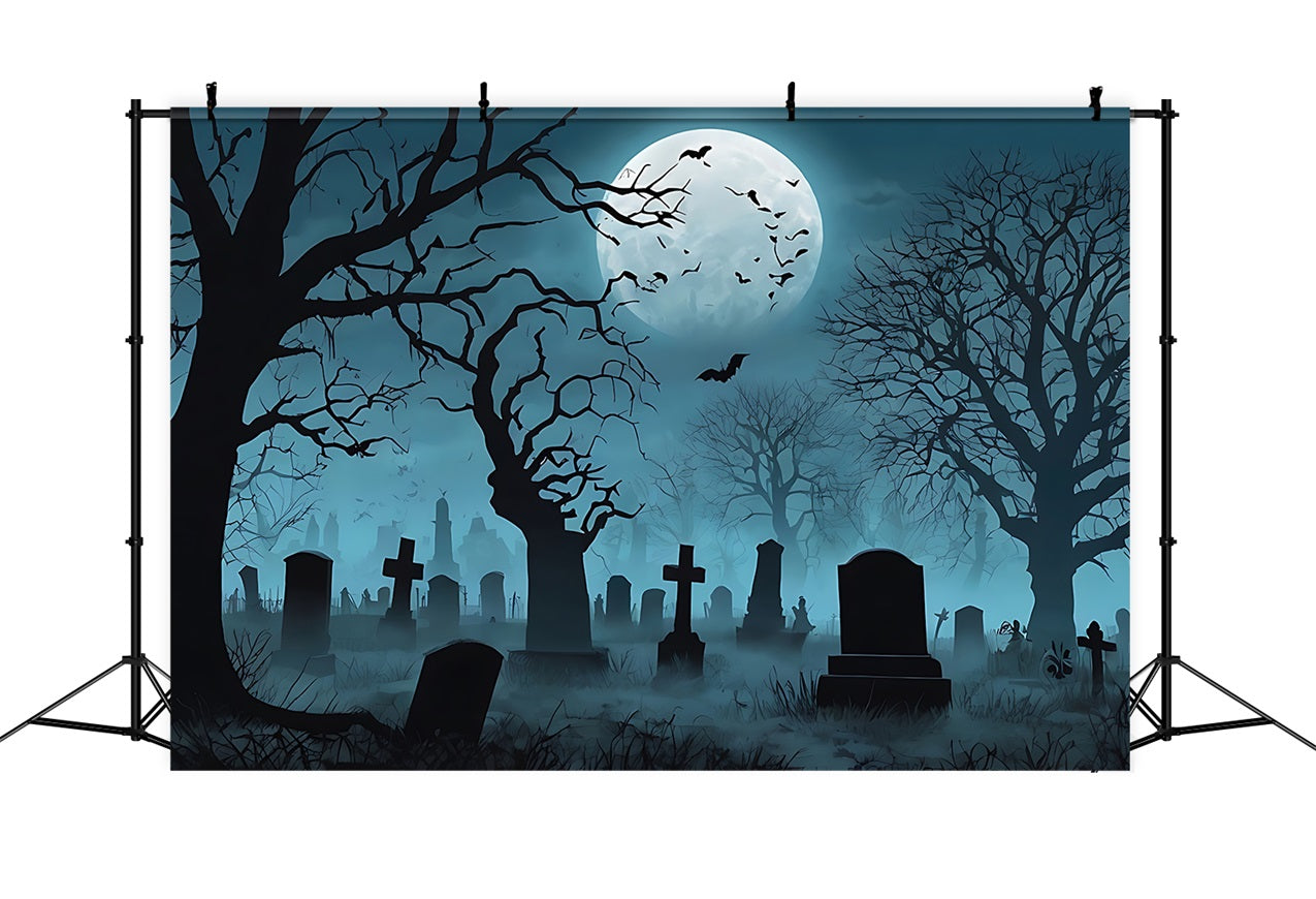 Halloween Backdrop Ideas Foggy Graveyard Dark Trees Moon Backdrop BRP10-193