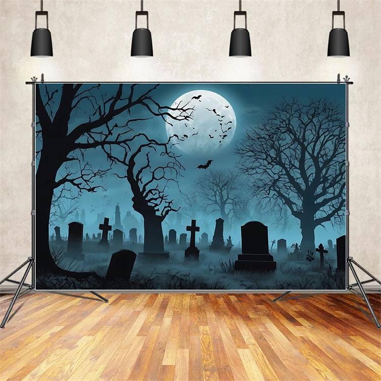 Halloween Backdrop Ideas Foggy Graveyard Dark Trees Moon Backdrop BRP10-193