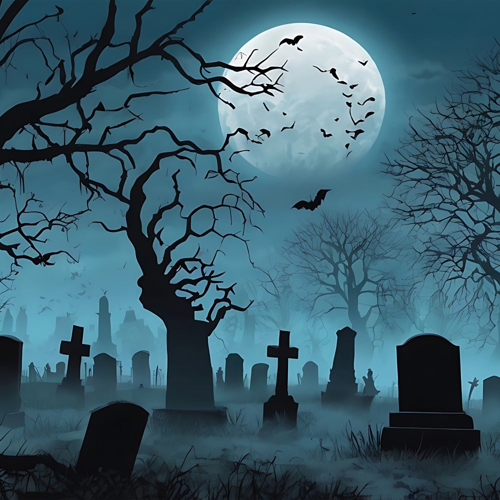 Halloween Backdrop Ideas Foggy Graveyard Dark Trees Moon Backdrop BRP10-193