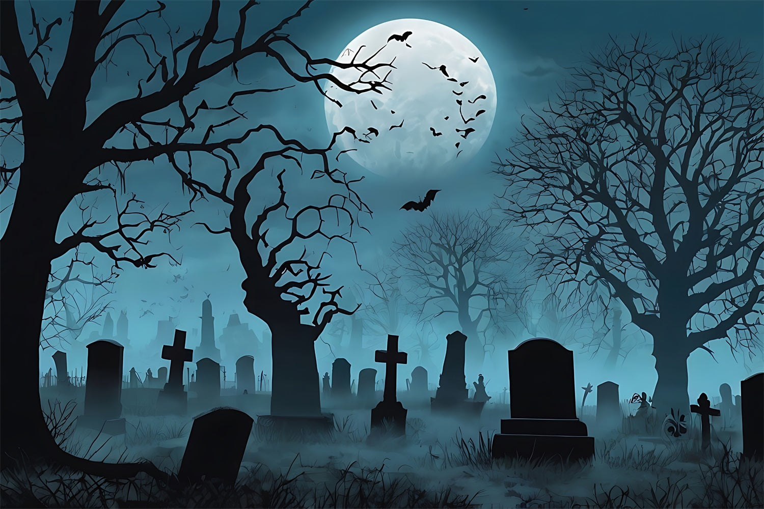 Halloween Backdrop Ideas Foggy Graveyard Dark Trees Moon Backdrop BRP10-193