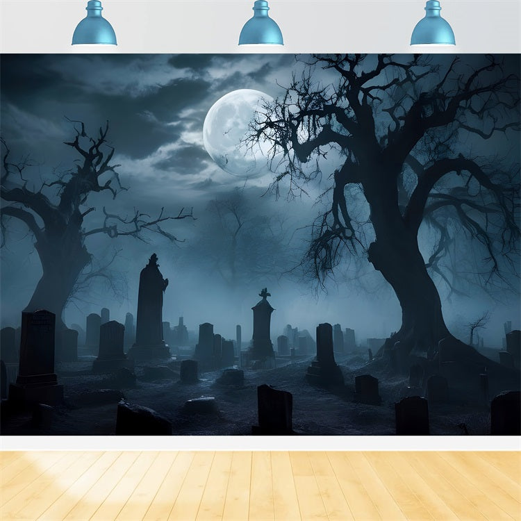 Halloween Photo Backdrop Foggy Graveyard Twisted Trees Backdrop BRP10-194