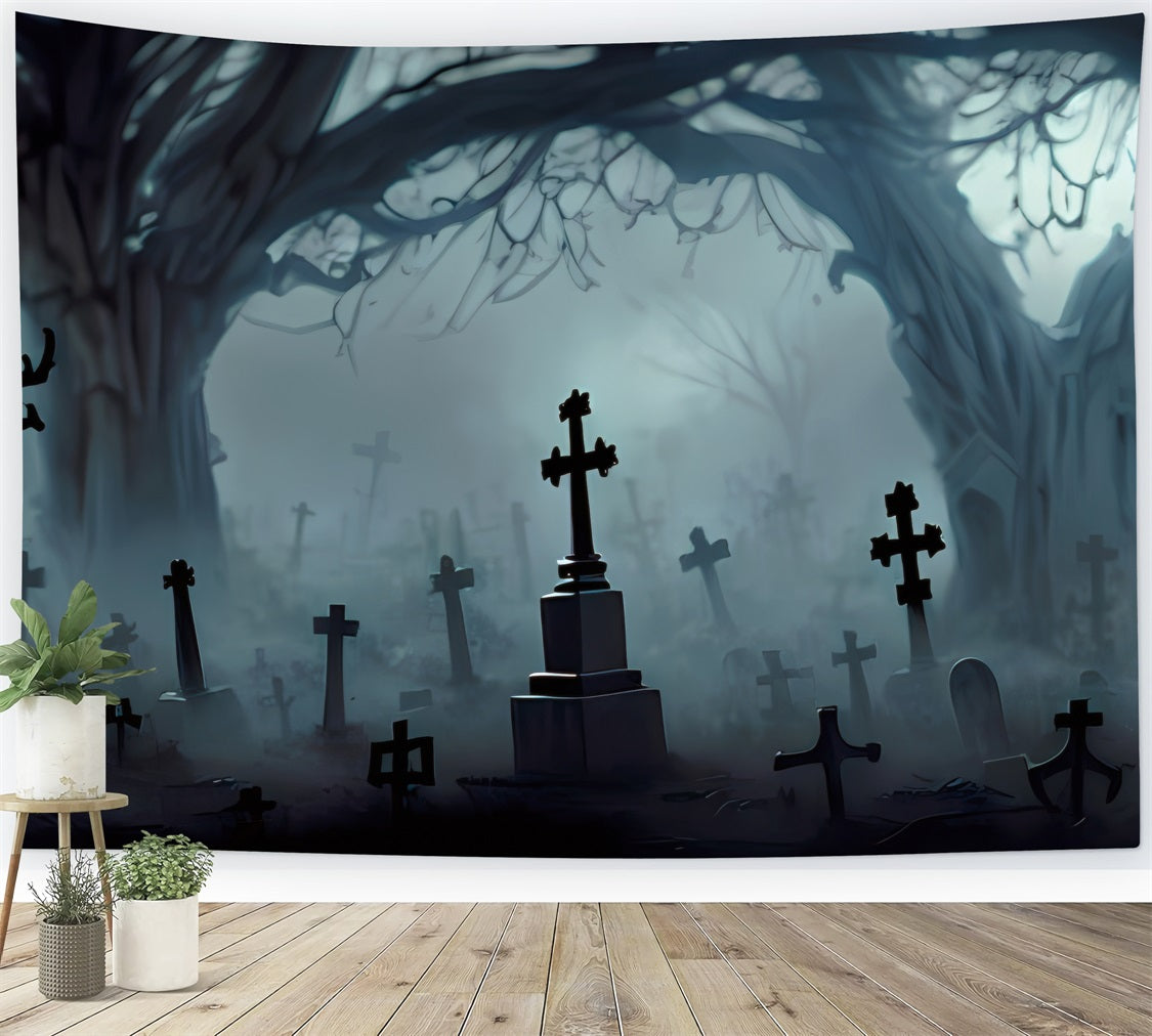 Scary Halloween Backdrops Cemetery Crosses Twisted Trees Backdrop BRP10-196