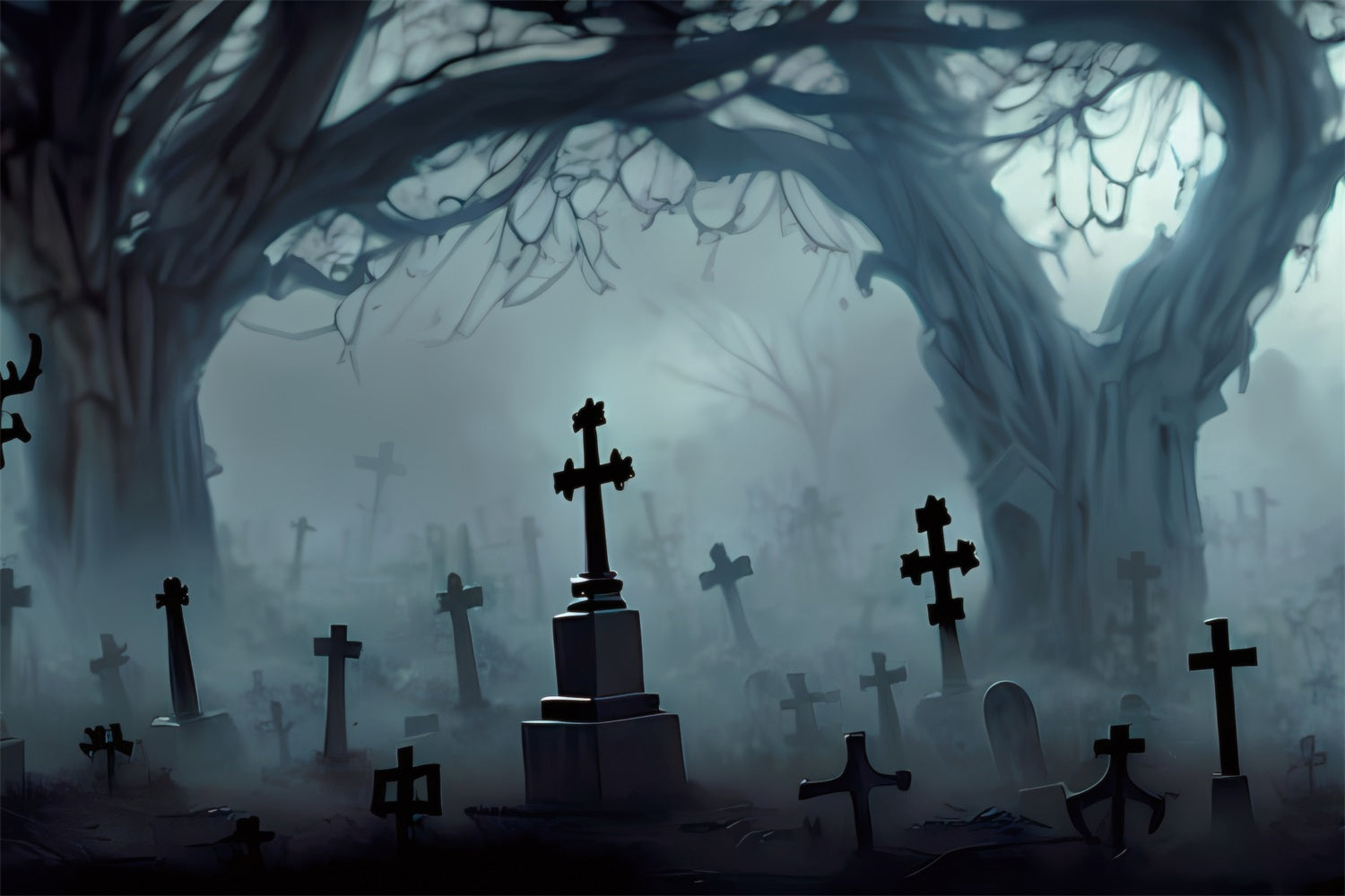 Scary Halloween Backdrops Cemetery Crosses Twisted Trees Backdrop BRP10-196