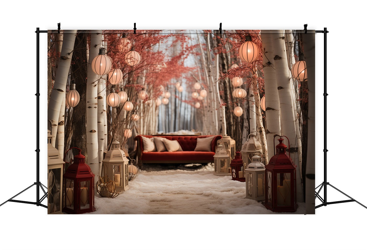 Winter Cozy Couch Amid Lantern-Lit Birch Trees Backdrop BRP10-2