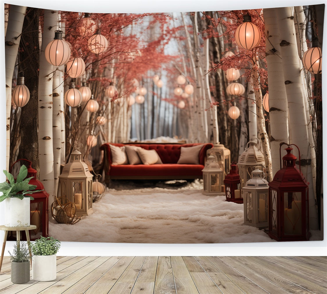 Winter Cozy Couch Amid Lantern-Lit Birch Trees Backdrop BRP10-2