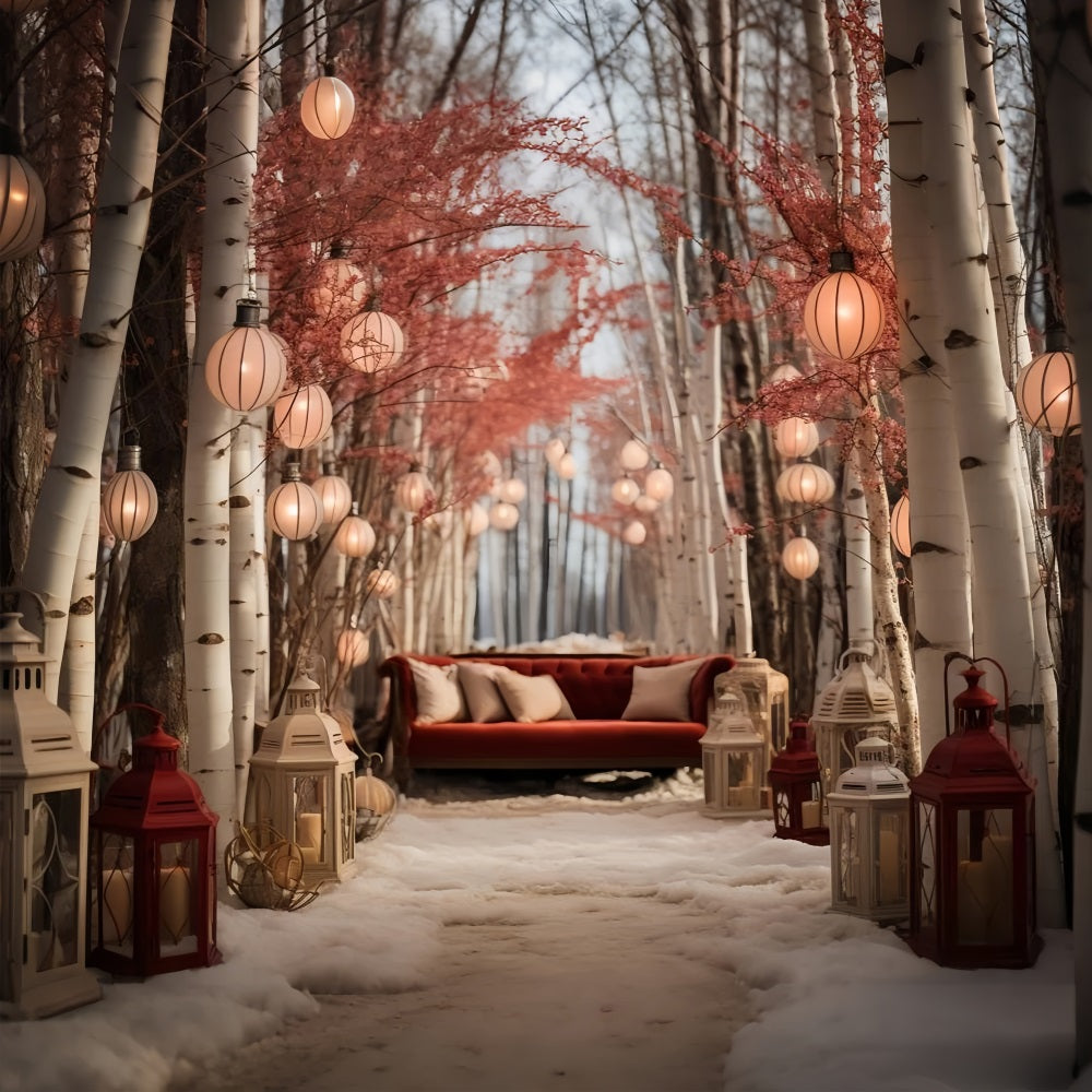 Winter Cozy Couch Amid Lantern-Lit Birch Trees Backdrop BRP10-2