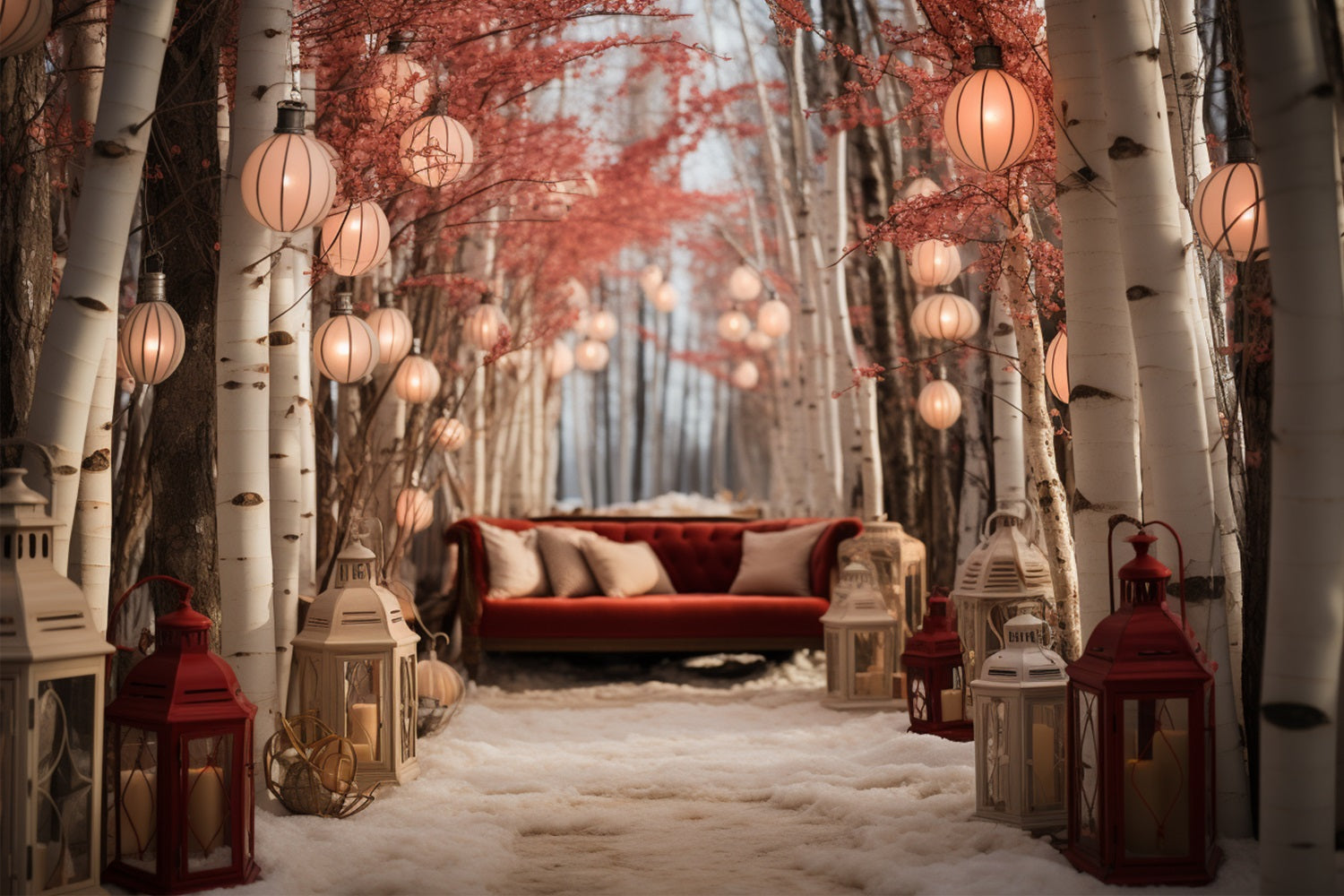 Winter Cozy Couch Amid Lantern-Lit Birch Trees Backdrop BRP10-2