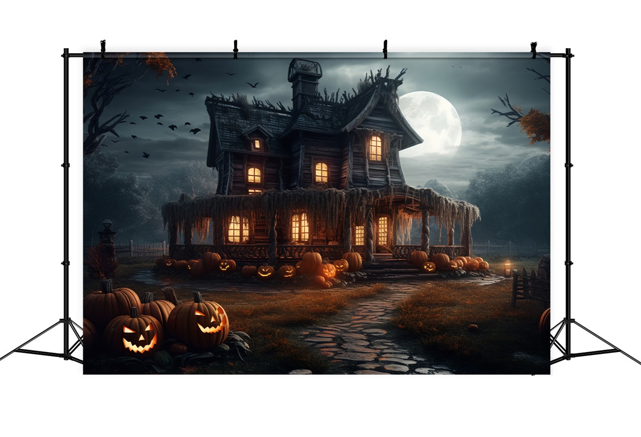 Halloween Backdrop Spooky House Pumpkins Moonlight Backdrop BRP10-202