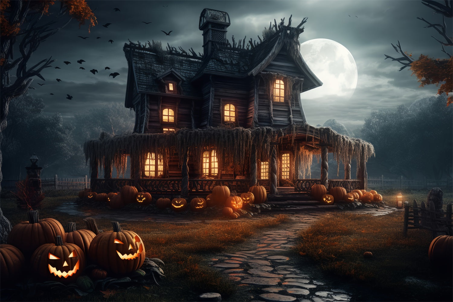 Halloween Backdrop Spooky House Pumpkins Moonlight Backdrop BRP10-202