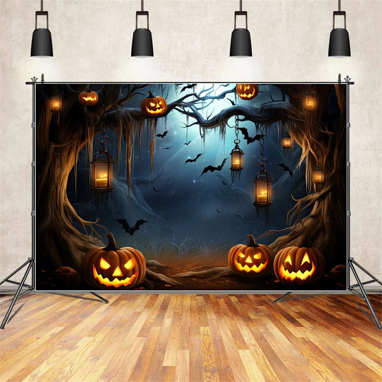 Photo Backdrop Halloween Spooky Forest Pumpkins Bats Backdrop BRP10-203