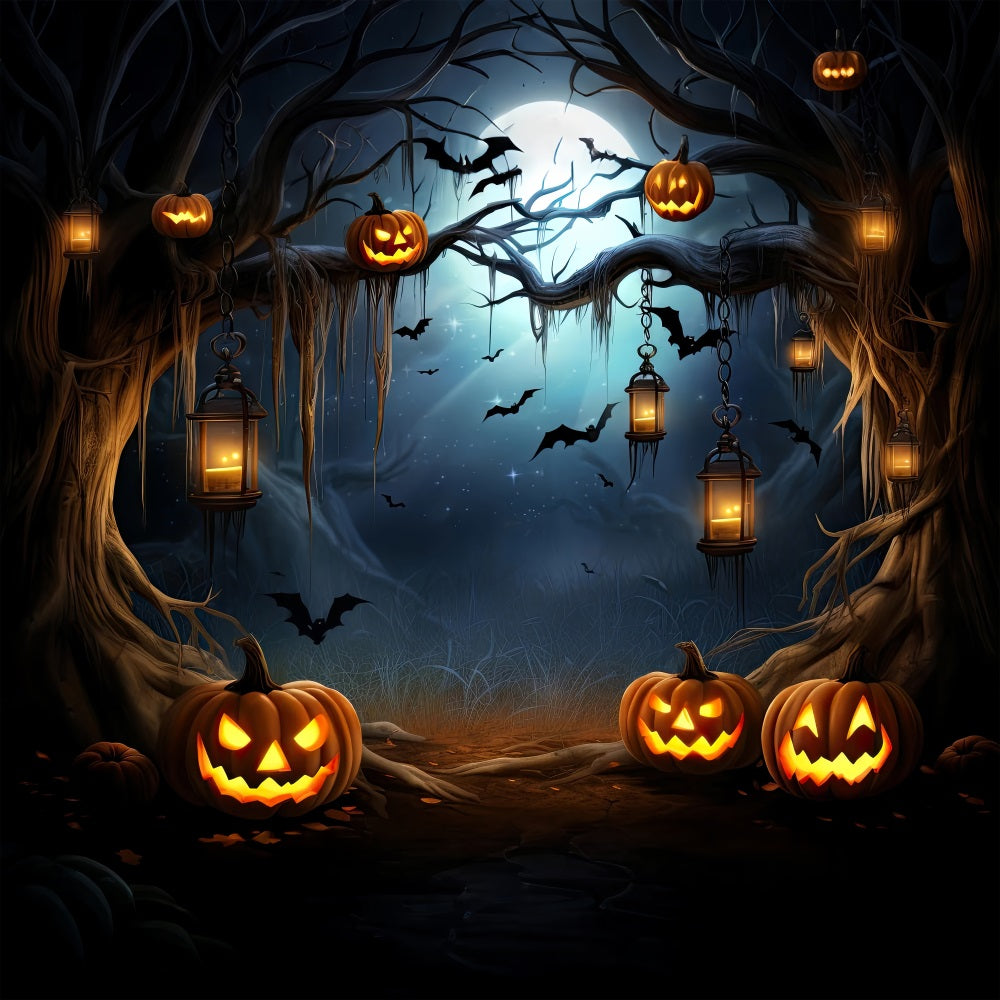 Photo Backdrop Halloween Spooky Forest Pumpkins Bats Backdrop BRP10-203