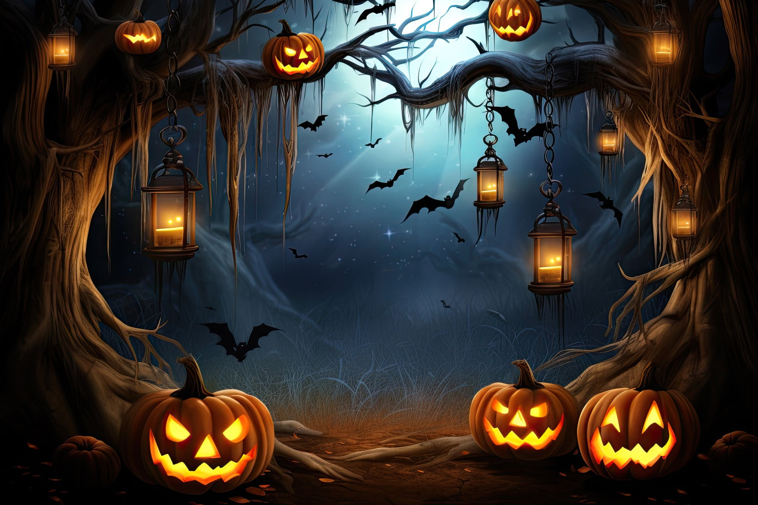 Photo Backdrop Halloween Spooky Forest Pumpkins Bats Backdrop BRP10-203