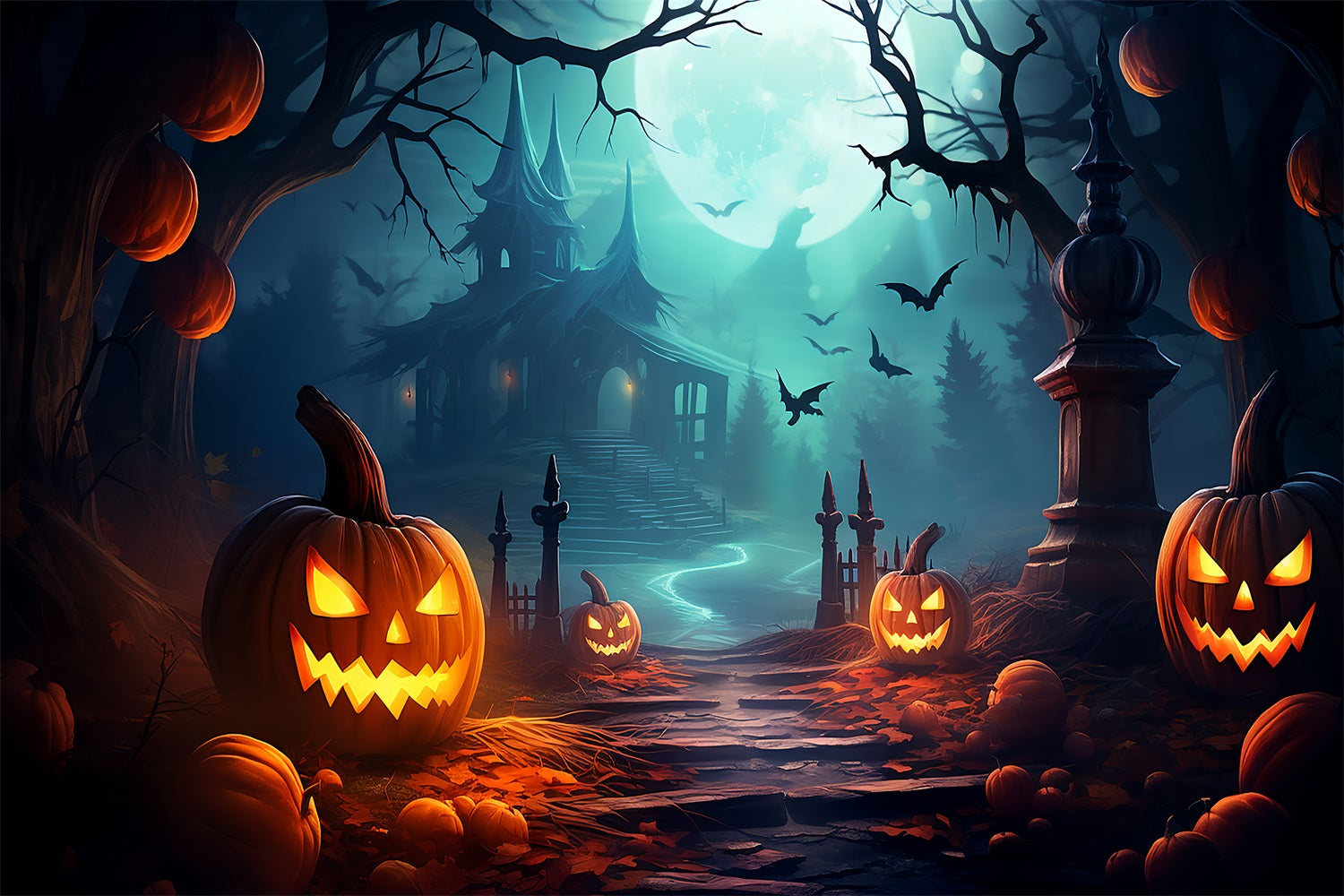 Scary Backdrops Halloween Haunted Pathway Full Moon Backdrop BRP10-205