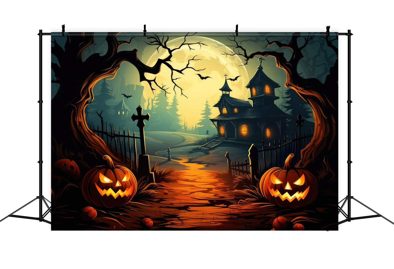 Halloween Backdrop Haunted House Path Pumpkins Moon Backdrop BRP10-206