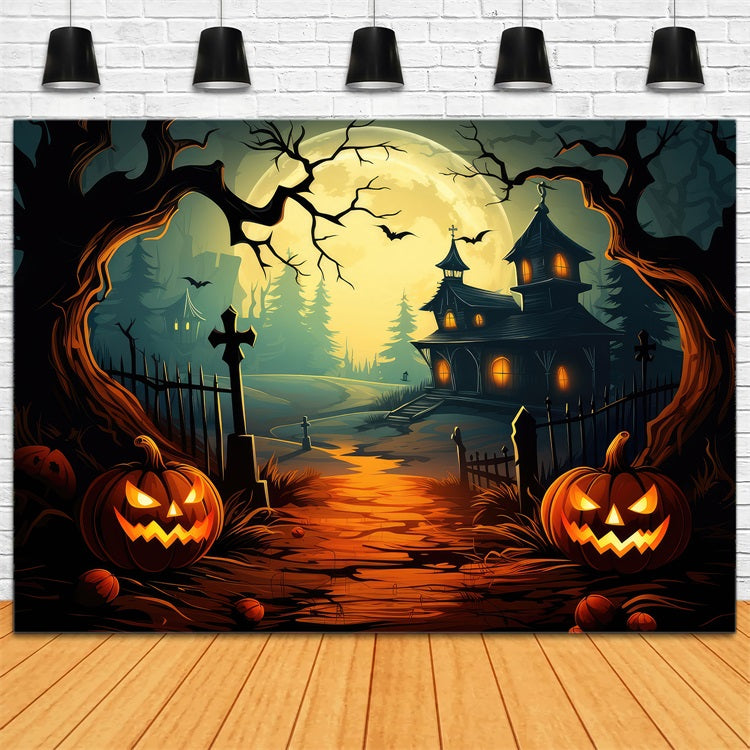 Halloween Backdrop Haunted House Path Pumpkins Moon Backdrop BRP10-206