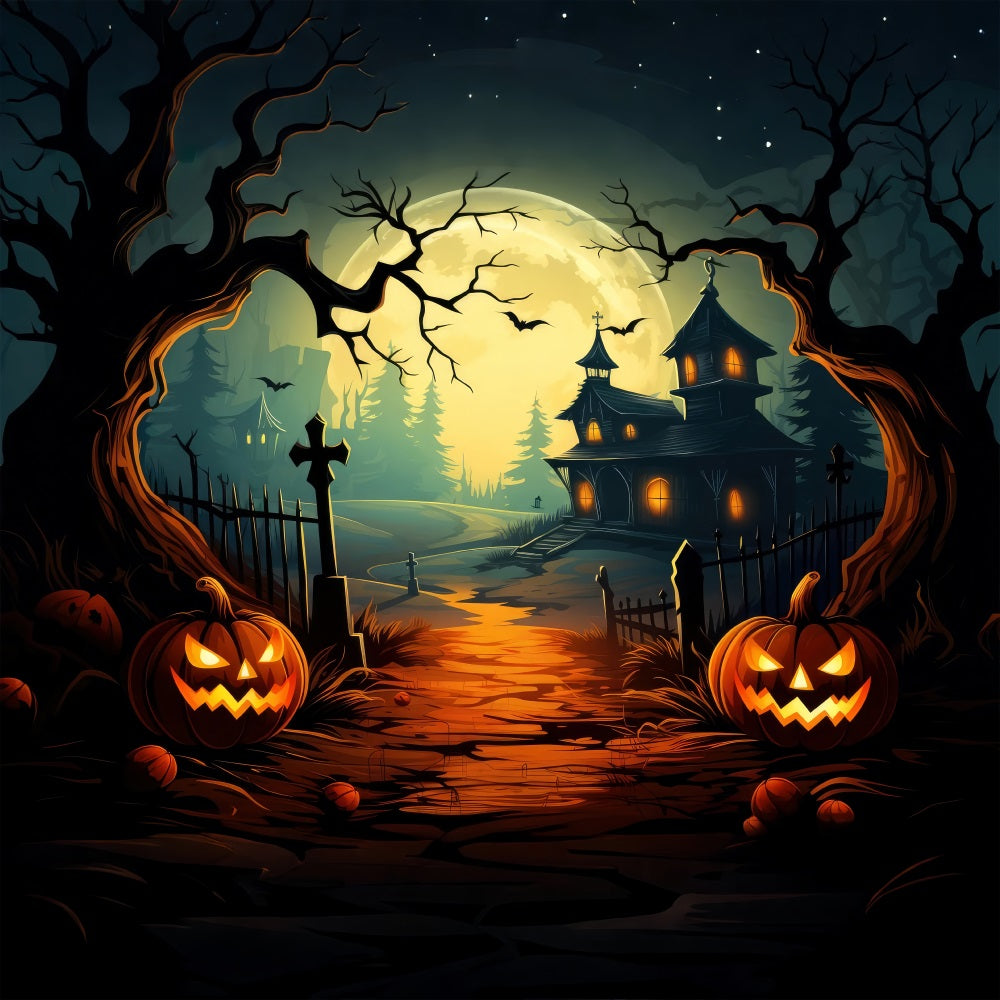 Halloween Backdrop Haunted House Path Pumpkins Moon Backdrop BRP10-206