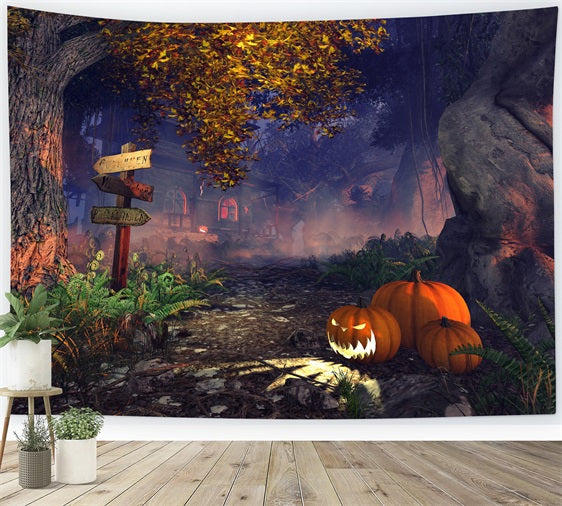 Halloween Haunted House Backdrop Foggy Forest Pumpkins Backdrop BRP10-207