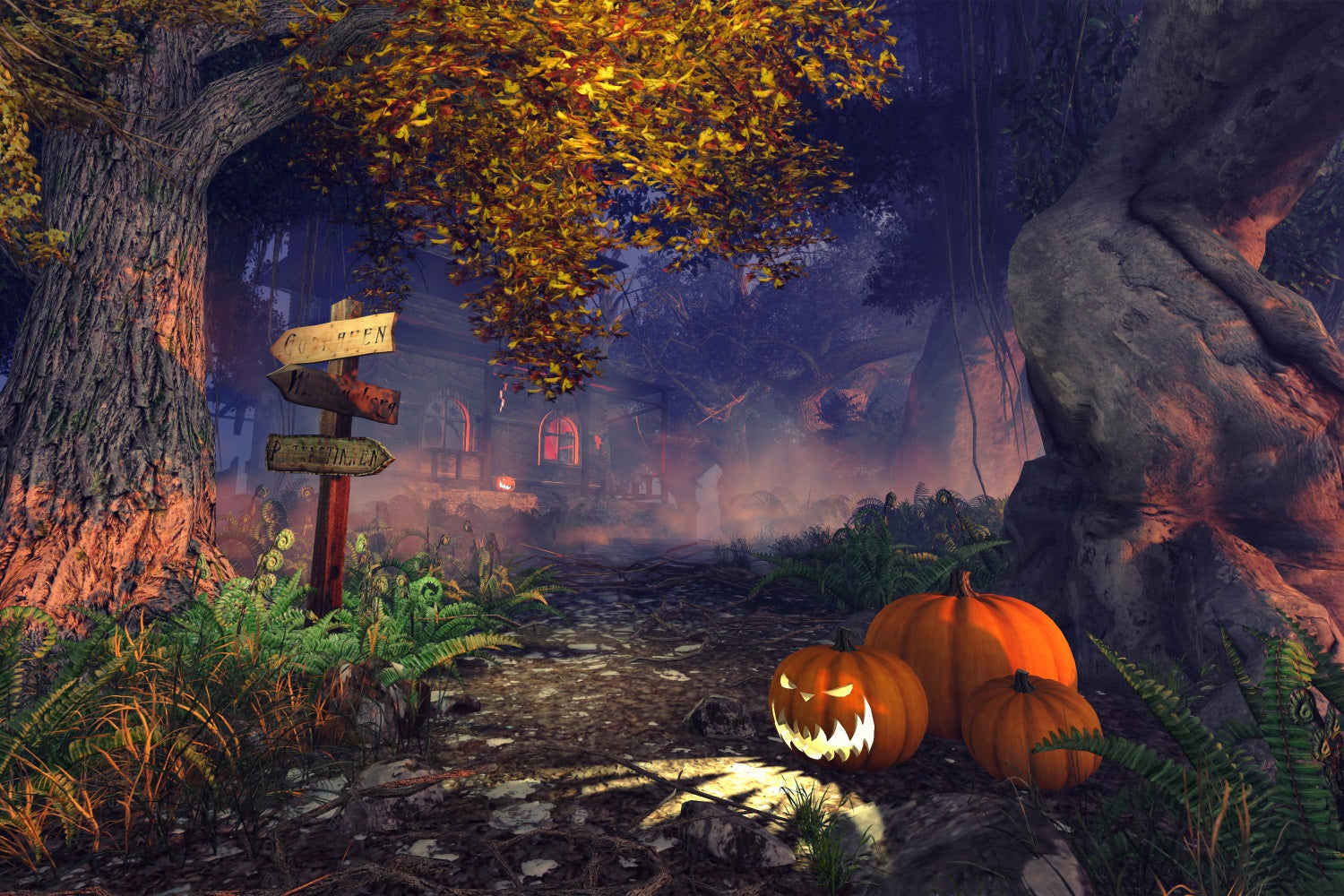 Halloween Haunted House Backdrop Foggy Forest Pumpkins Backdrop BRP10-207