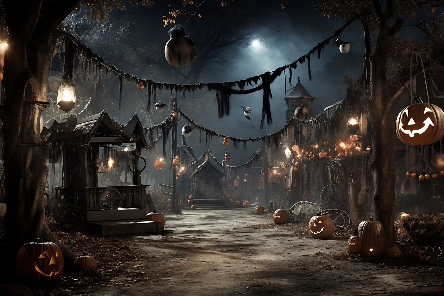 Halloween Village Backdrops Glowing Lanterns Pumpkins Backdrop BRP10-209