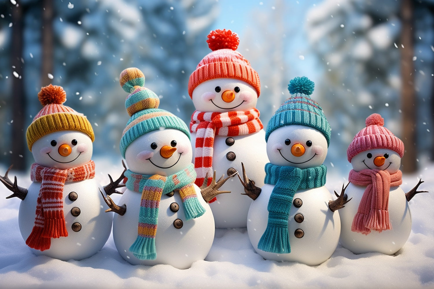 Winter Adorable Snowmen Bright Winter Hats Backdrop BRP10-21