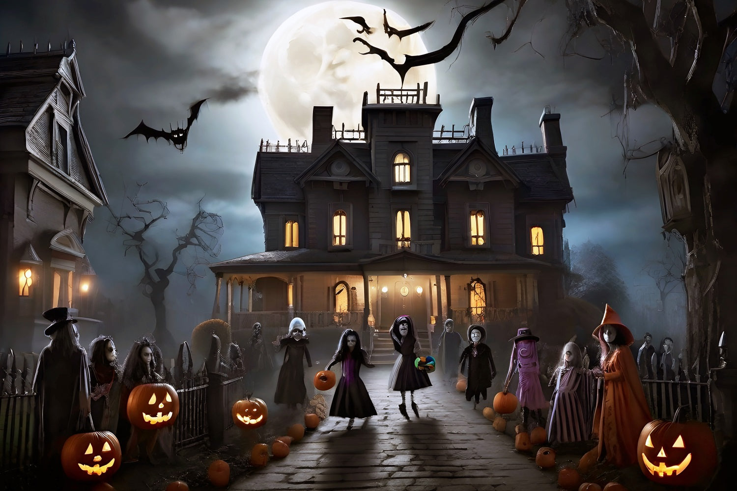 Backdrops Halloween Mansion Night Trick-or-Treat Bats Backdrop BRP10-210