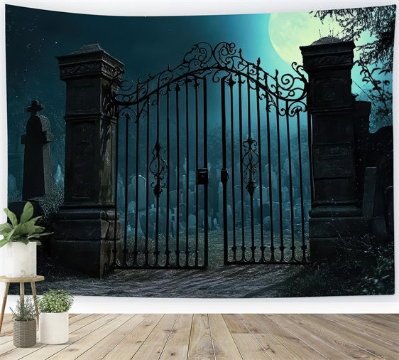 Scary Halloween Backdrop Graveyard Iron Gates Moon Backdrop BRP10-212