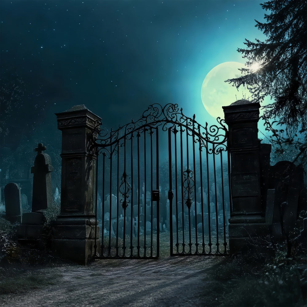 Scary Halloween Backdrop Graveyard Iron Gates Moon Backdrop BRP10-212