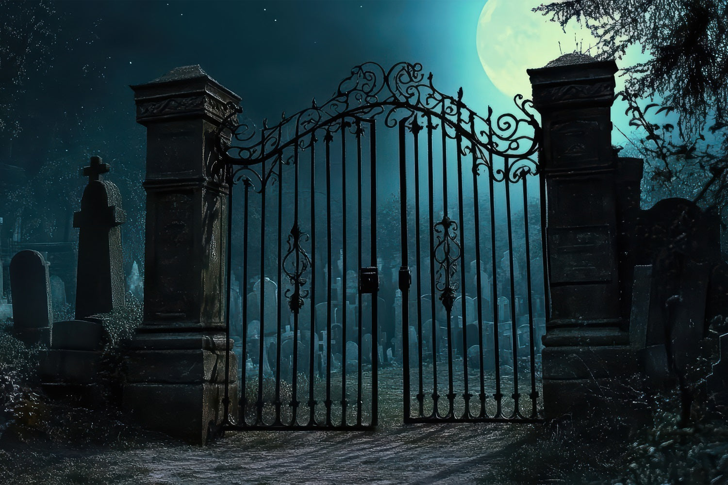 Scary Halloween Backdrop Graveyard Iron Gates Moon Backdrop BRP10-212